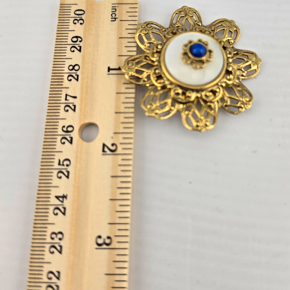 Vintage Gold Tone Filigree Flower Brooch Mother of Pearl Faux Lapis Cabochon Pin